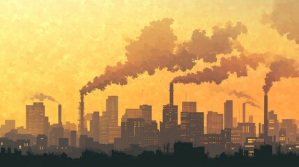 Urban skyline with industrial pollution at sunset