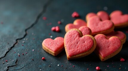 Obraz premium Delicious heart-shaped cookies with pink icing, scattered on a dark textured surface, perfect for a romantic celebration