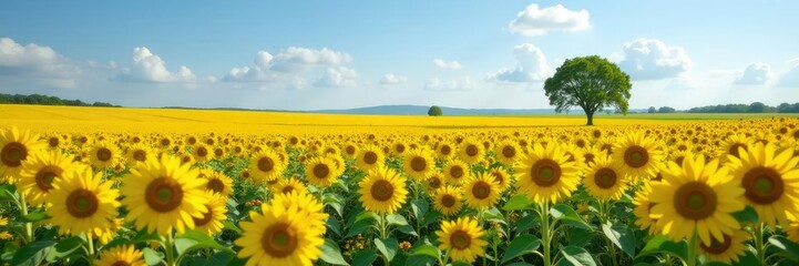 Fototapeta premium Field of girasoles with a few scattered trees in the background, nature, countryside