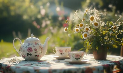 Quaint garden table setting with a teapot, delicate floral cups, and freshly picked flowers under dappled sunlight.