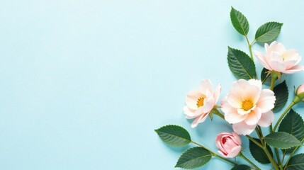 Obraz premium Delicate Pink Blossoms and Lush Green Leaves Arranged on a Pastel Blue Background, Creating a Serene and Elegant Floral Display