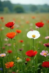 Fototapeta premium Field of mixed wildflowers including white mohn, mohn, nature, floral