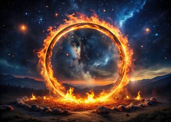 Dark Night Fiery Circle Smoke Fire Landscape Photography, Epic Inferno Ring, Burning Circle in Night Sky, Surreal Fire Ring Image