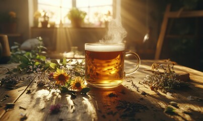 Steaming cup of herbal tea placed on a rustic wooden table surrounded by dried flowers and herbs, illuminated by warm sunlight