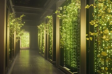 Cyber-themed Dark Server Room With Glowing Green Binary Codes and Sleek Server Racks