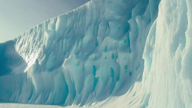 A massive, textured iceberg rises from a frozen landscape, with a tiny figure visible!