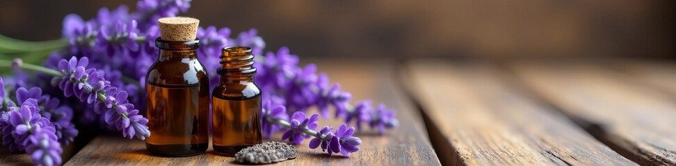 Aromatic lavender flowers and herbal oil in bottles on wooden background, lavender, spa