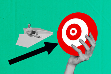 Sketch image trend artwork photo collage of graphics goal target charts recruitment aged man sit...
