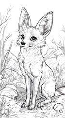Obraz premium Fox Seated in Rocky Field, Drawn Detail, Neutral BG