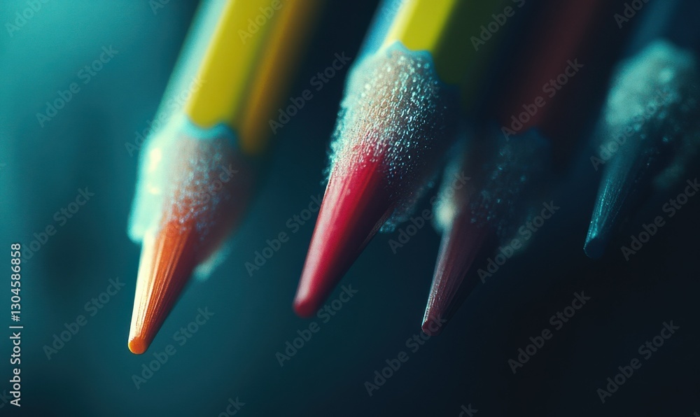 Poster macro shot of colorful pencils illuminated by soft natural light creating a vibrant and dynamic arti