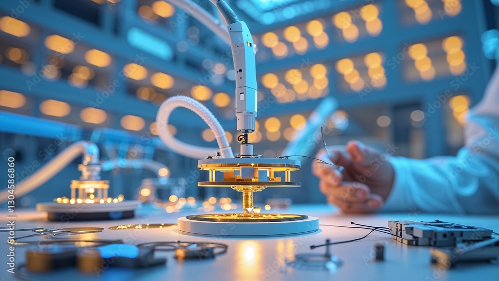 Poster advanced robotics performing precise tasks in a modern laboratory at night