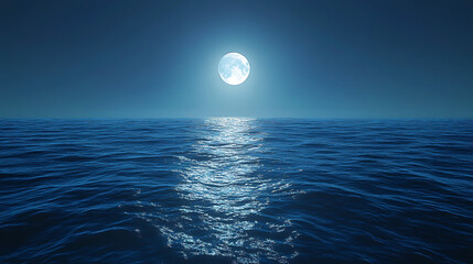 Serene moonlit ocean landscape with shimmering water reflecting the bright full moon at night