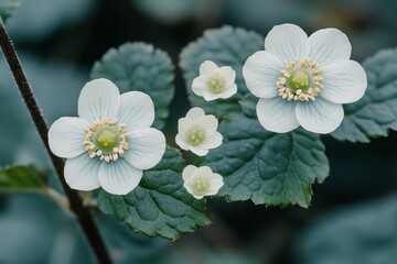 Obraz premium Navy flowers and dark, lush leaves form a brooding botanical design against a dark backdrop