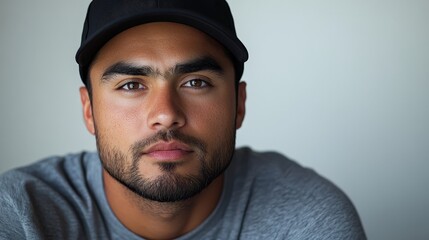 Obraz premium A man, adorned with a sleek black baseball cap and a casual grey shirt, confidently gazes into the camera against a pristine white backdrop, exuding an air of cool composure.