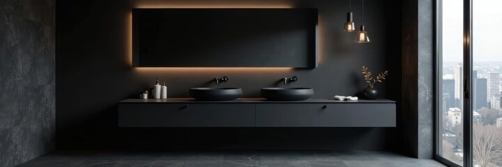 Bold black walls, floating vanity, statement lighting, room, dark, elegant