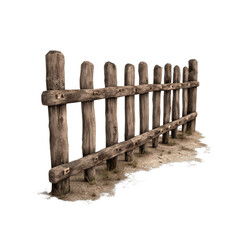 Naklejka premium Rustic wooden farm fence stands isolated against a transparent background, ideal for use in creative designs and presentations.