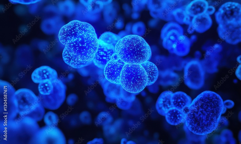Poster macro shot of glowing abstract blue particles floating dynamically illuminated by soft gradient ligh