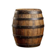 Fototapeta premium Rustic oak barrel features metal bands, showcasing its sturdy construction and traditional design, ideal for various uses and decorations.