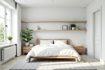 Bright white minimalist bedroom, floating shelves, geometric rug, minimalist design, headboard, airy