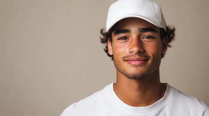 A young man, sporting a white baseball cap and a simple white tee, exudes a relaxed, friendly demeanor against a neutral backdrop of muted tones, capturing the essence of casual cool and everyday