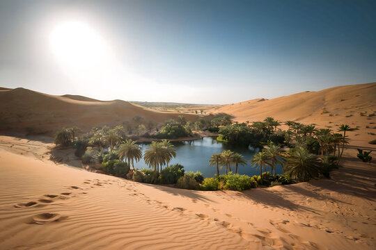 A photo of a vast desert landscape with massive golden sand dunes. The sun is setting, casting long shadows across the rippling sand.