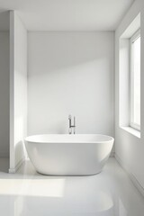 Clean white minimalist bathroom, freestanding bathtub, elegant, ceramic