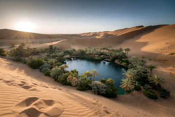 A photo of a vast desert landscape with massive golden sand dunes. The sun is setting, casting long shadows across the rippling sand.