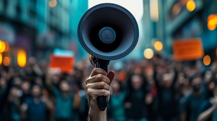 A focused image of a megaphone held aloft in a crowd, with raised fists, a protest scene marked by dynamic lighting and motion blur, radiating intense energy and solidarity