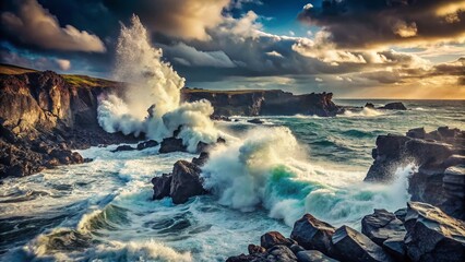 Fototapeta premium Iceland Summer: Dramatic Waves Crashing on Black Lava Rocks, Reykjanes Peninsula