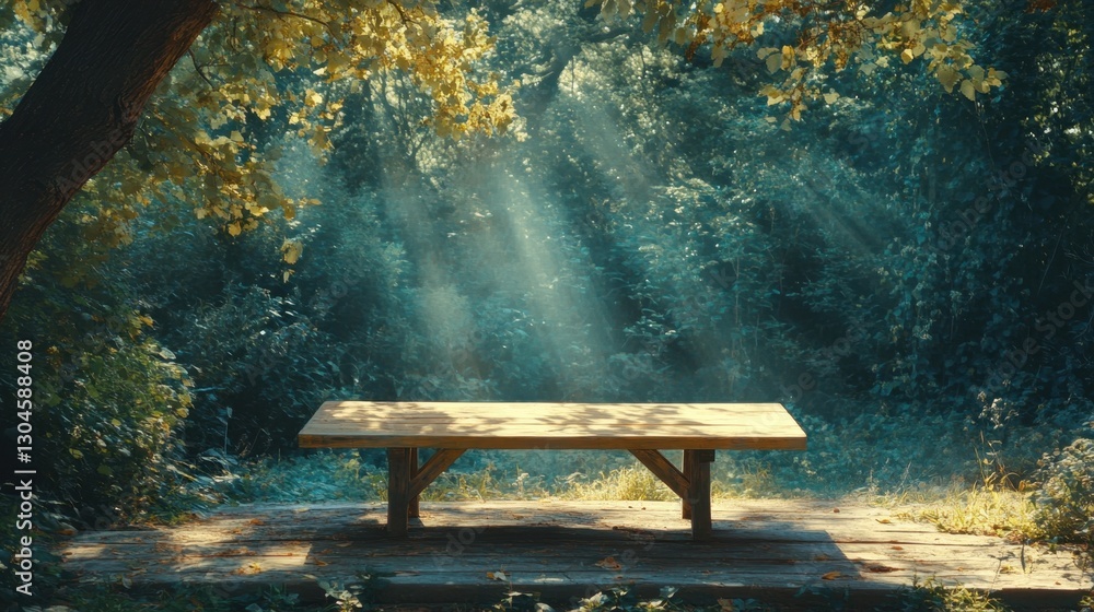 Poster serene sunlight filtering through forest canopy illuminating wooden picnic table in tranquil setting