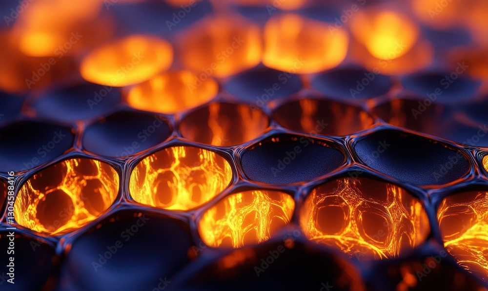 Poster macro shot of glowing orange honeycomb structures illuminated by gradient light forming a bold biolo