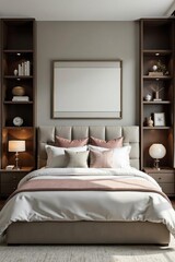 Geometric headboard, muted palette, floating shelves, neutral, texture, space