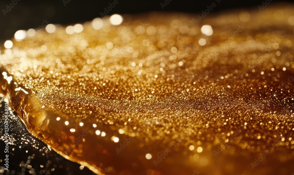 Aufkleber macro shot of golden glitter cascading across a deep black surface, illuminated by soft glowing ligh