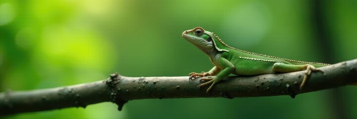 Obraz premium Lizard remains silent on a thin branch high up in the tree, reptile, branch