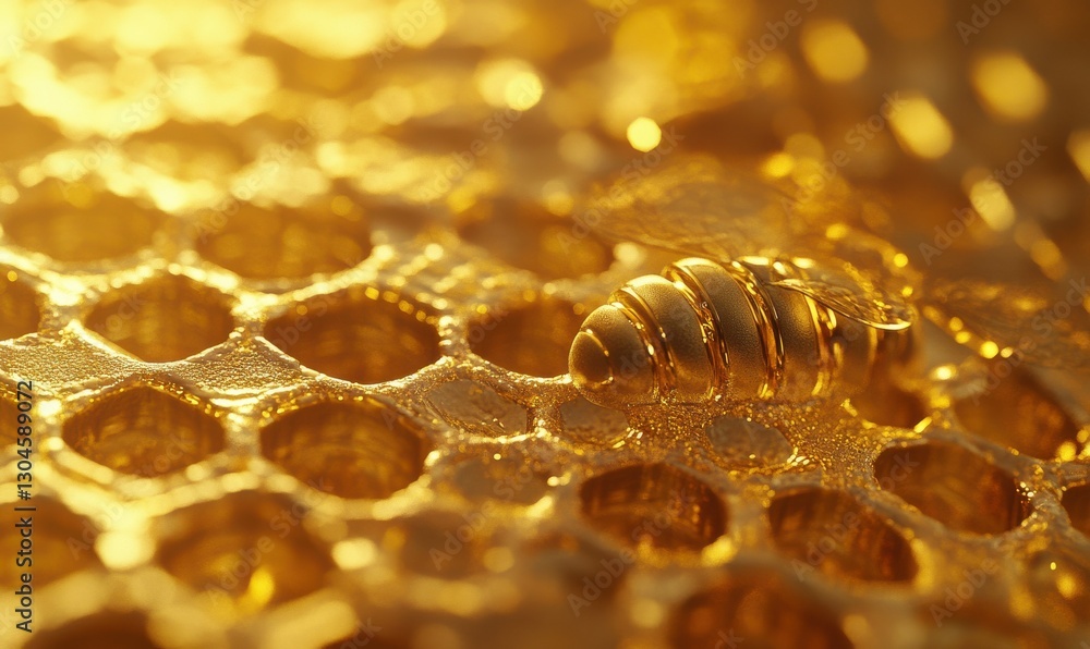 Poster macro shot of honeycomb patterns glowing in golden light, highlighting natural textures and richness