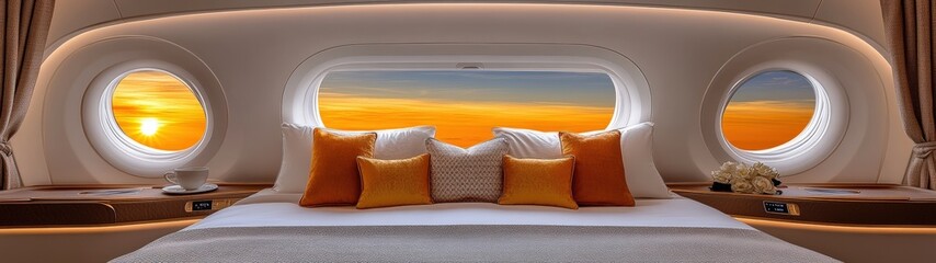 Luxurious airplane bedroom interior with sunset views through large round windows