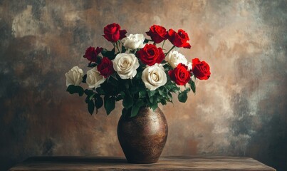 Obraz premium Romantic arrangement of vibrant red and white roses placed in a rustic vase softly illuminated by warm natural light for an elegant composition