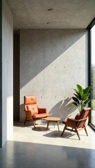 Sleek concrete walls, minimalist furniture, natural light , modern, simple, stone