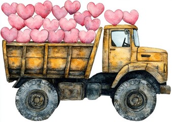 Obraz premium A watercolor dump truck brimming with hearts creates a joyful, playful scene with whimsical vibes and a colorful perspective, set against a white background