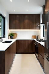 Sleek white tiled kitchen, dark wood cabinets, cooking, matte