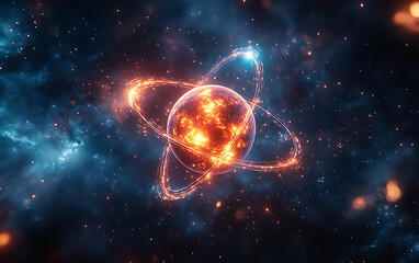 Obraz premium Futuristic Atom Model: Cosmic Visualization of Atomic Structure