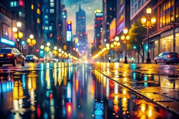 Fototapeta premium Impressionist Rainy City Night - Urban Street Reflections, High Depth of Field Stock Photo