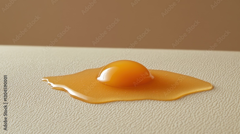 Poster viscous amber liquid drop on textured beige surface creating a glossy puddle in a minimalist style