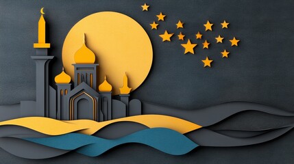 Dark Gray Mosque Silhouette Under a Gold Moon and Starry Night, Paper Art Style