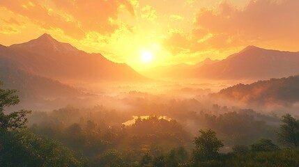 Sunset view of misty mountain range with vibrant colors and scenic landscape