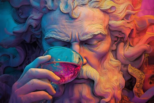 Digital stock artwork features the Greek god Dionysus with a wine glass in hand, amidst flowing wine, on a vibrant purple background