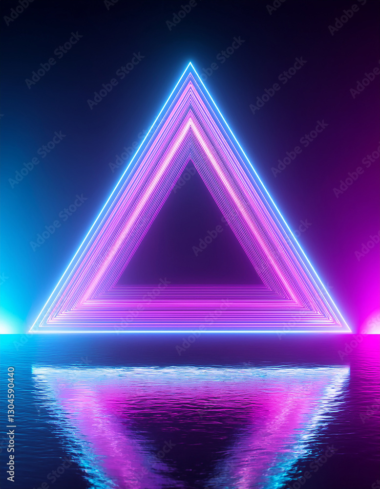 Poster glowing triangular ultraviolet neon frame floating above a liquid surface. holographic gradient.