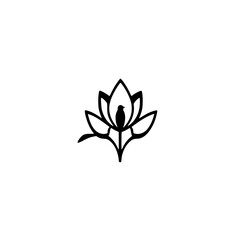 Black silhouette of a bird perched atop a lotus flower, minimalist and isolated.