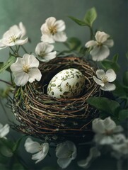 Fototapeta premium Artistic Bird Nest with Decorative Egg Surrounded by White Spring Blossoms and Green Foliage Detail