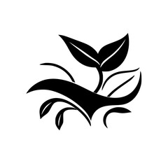 Black and White Plant Emblem: Symbolic Illustration of Growth and Nature, Featuring a Growing Bud and Curved Accent